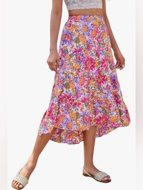 Floral Tiered Midi Skirt - Pink & Purple